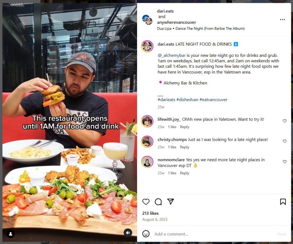 Food vlogger's enthusiastic review post of enjoying a gourmet burger at Alchemy Bar & Kitchen in Yaletown, Vancouver, highlighting the restaurant's ambiance and late-night dining experience.